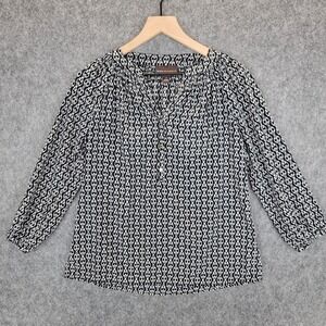 Dana Buchman Blouse Womens S Black White Chain Print Gold Buttons Shirt Nautical